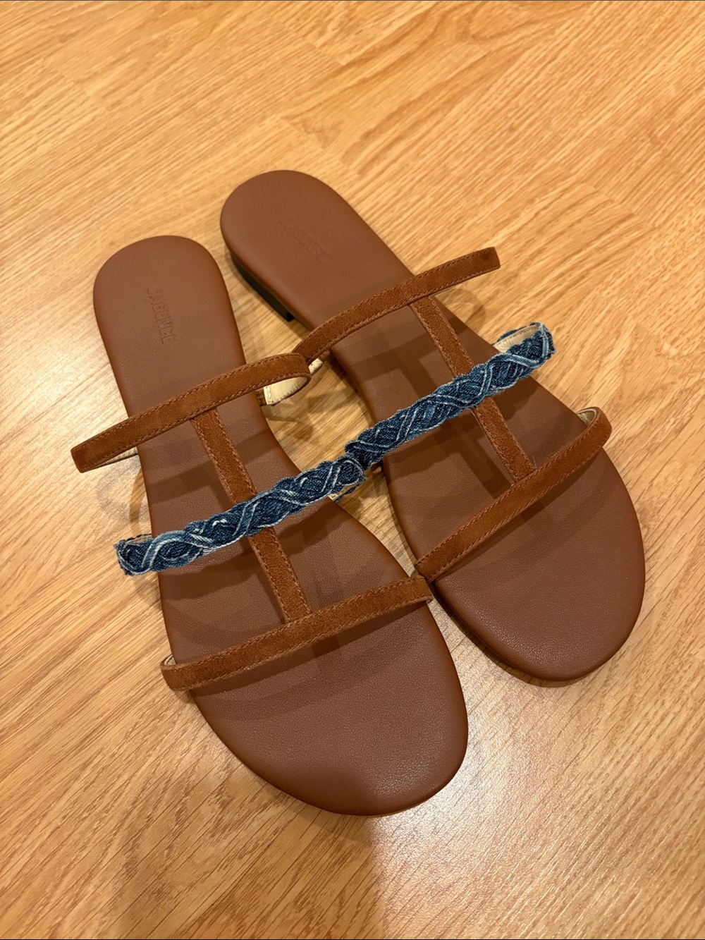 L'AGENCE Brown Slide Sandals with Blue Braided Strap